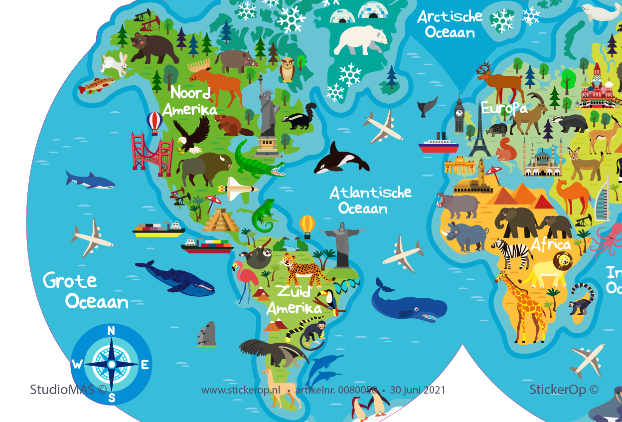 Muursticker wereldkaart dieren kinderkamer