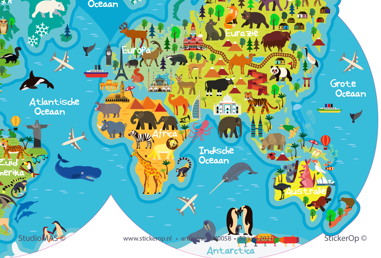 Muursticker wereldkaart dieren kinderkamer