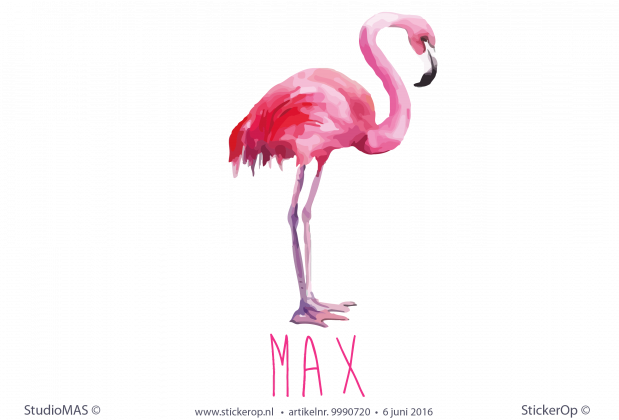 Muursticker naar geboortekaartje - Yvonne's flamingo Muursticker geboortekaartje Yvonnes flamingo