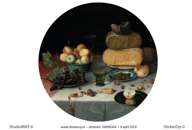 Muurstickers schilderijen Rijksmuseum - Stilleven met kazen - cirkel uitsnede - Floris Claesz. van Dijck met kazen-Floris Claesz van Dijck-cirkel