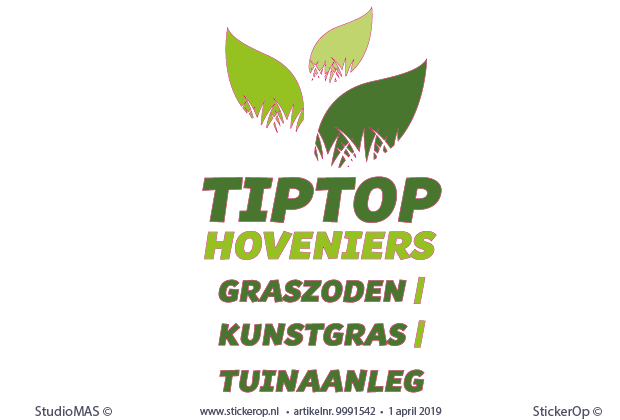 Muursticker zakelijk logo - TIP TOP Hoveniers - logo is 71 cm breed x 75 cm hoog - teksten zijn 6,7 cm hoog. TOP Hoveniers