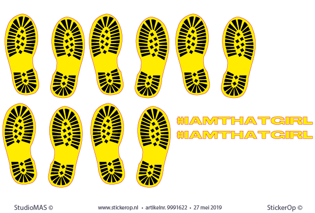 Zakelijke stickers - 5 set shoeprints 30 cm hoog en 2x logo 50 cm breed. stickers - shoeprint en logo
