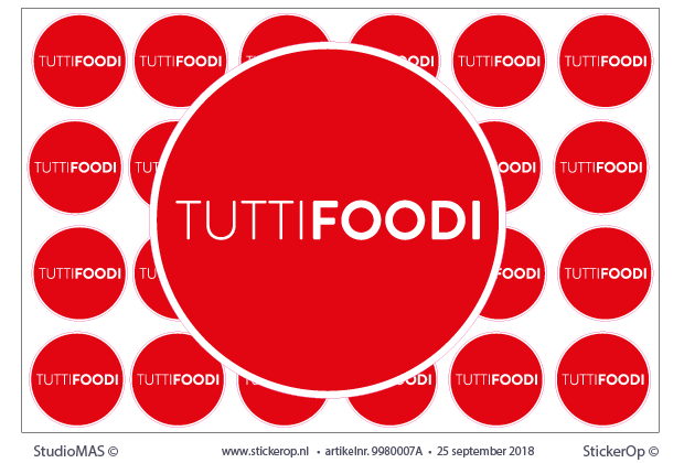 Logo stickers rond - TuttiFoodi - per 4 stuks vel A4 formaat met elk 24 stickers van 45 mm. zakelijk gebruik - TuttiFoodi-rond