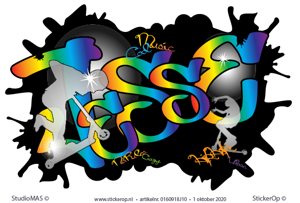 Muursticker regenboog graffiti met eigen naam en hobby - Stuntstep - Jesse - Jesse