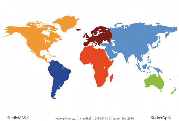 muursticker de wereld wereldkaart in zeven kleuren