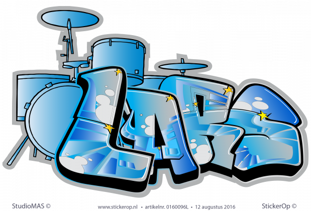 Muursticker graffiti thema muziek - Lars met drumstel muursticker graffiti thema muziek Lars
