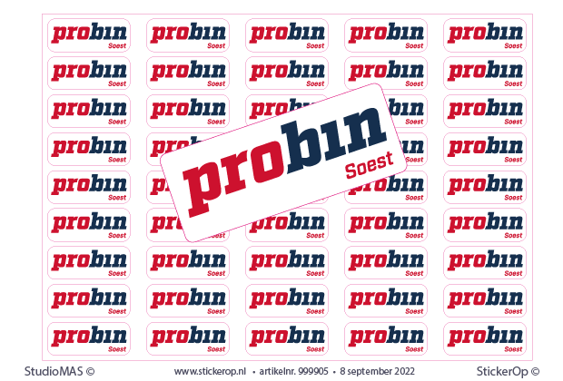 Machinestickers met bedrijfslogo - Probin - per 3015 stuks - op A4 vellen met elk 45 stickertjes van 5 x 2 cm (nieuw logo 8-9-22) - Machinesticker zakelijk logo - Probin nieuw logo 8-9-22