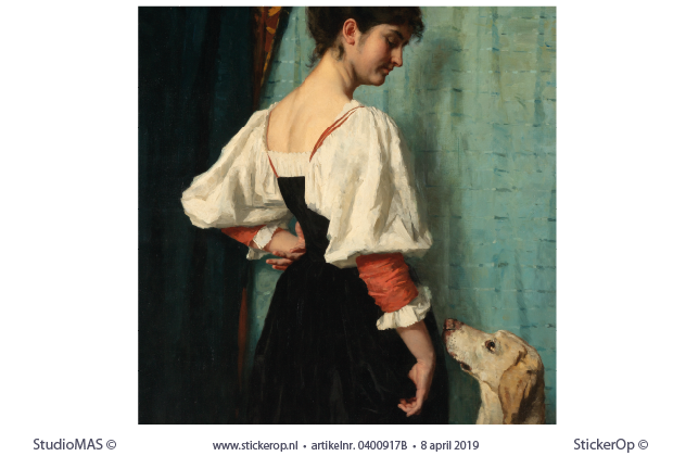 Portret van een jonge vrouw met de hond Puck - vierkant uitsnede - Thérèse Schwartze van een jonge vrouw met de hond puck-Therese Schwartze-vierkant
