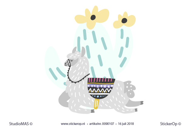 Muurstickers voor kinderkamer landdieren cactus slapende lama muursticker natuur dieren lama cactus mosterd