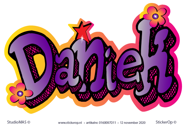 Muursticker graffiti eigen naam met vrolijke kleuren en bloemen - Daniek - muursticker graffiti Daniek met bloemen