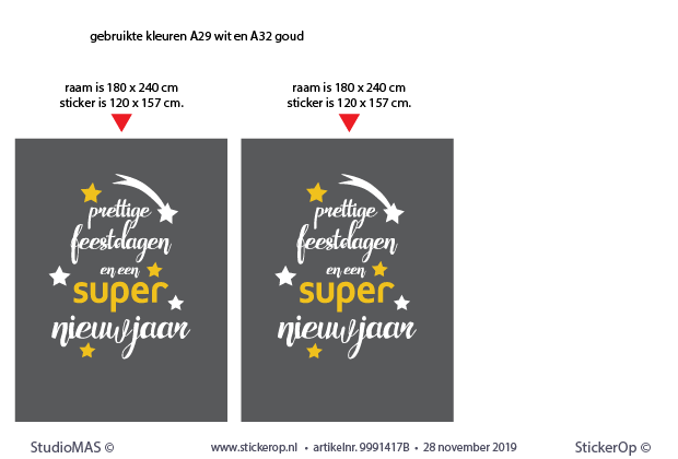 Raamstickers feestdagen - Super Keukens - 2 stuks 120 x 157 cm bestaande opmaak gesneden uit glans vinyl A29-wit en A32-goud.