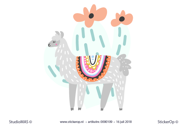 Muursticker kinderkamer landdieren cactus reizende lama muursticker natuur dieren lama cactus oranje