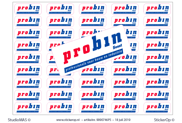 Machinestickers met bedrijfslogo - Probin - per 3015 stuks - op A4 vellen met elk 45 stickertjes van 5 x 2 cm. zakelijk logo - Probin