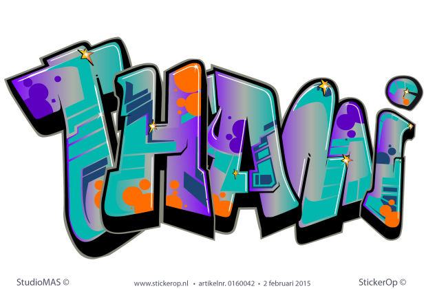 Kleurige graffiti naamsticker - Thami muursticker graffiti Thami