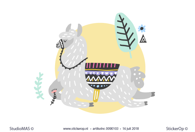 Muurstickers voor de kinderkamer landdieren slapende lama muursticker natuur dieren lama mosterd