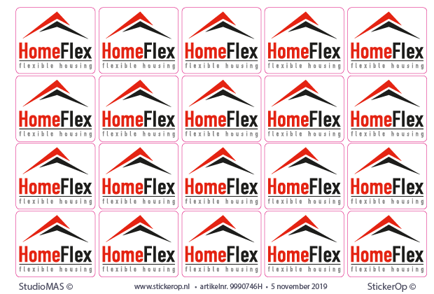 Kleine logo sticker op A4 vel - per 8 vel met elk 20 stickers 6 x 5 cm. Machinesticker zakelijk logo HomeFlex