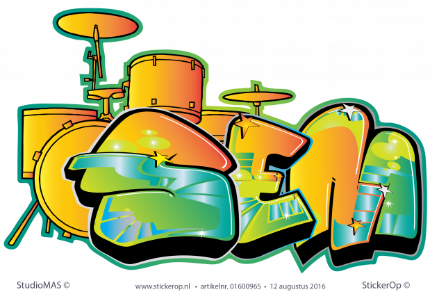 Muurstickers graffiti thema muziek - Sem met drumstel muursticker graffiti thema muziek Sem