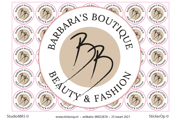 Productstickers eigen logo - zelfklevend vinyl - Barbara's Boutique per 4 vel a 35 stickers 4 cm. productsticker eigen logo - zelfklevend vinyl - Barbaras Boutique - per 4vel a 35 stuks