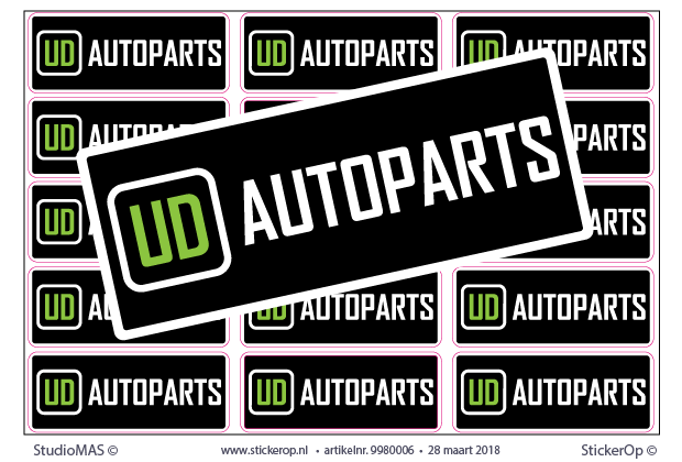 Logo stickertjes zakelijk gebruik op A4 vel - Logo UD Autoparts - per 4 vel met elk 15 stickers 9,8 x 8,5 cm zakelijk gebruik - UD Autoparts
