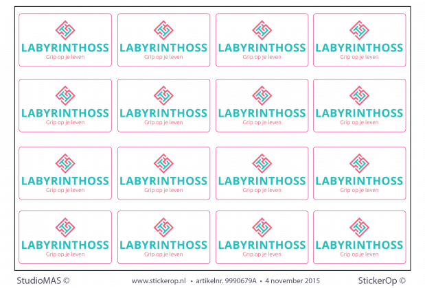Full colour vinyl stickers - 64 stuks 4 x 7 cm - op handig 4 stuks A4 formaat zakelijke full colour stickertjes Labyrinthoss