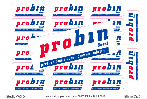 Machinestickers met bedrijfslogo - Probin - per 1500 stuks - op A4 vellen met elk 20 stickertjes 8 x 3 cm. zakelijk logo - Probin