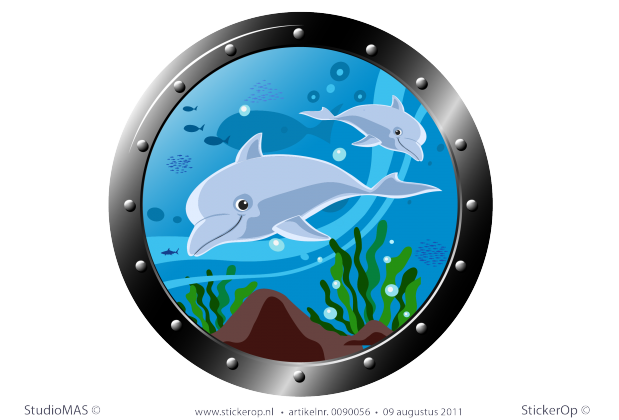 Muurstickers thema muursticker dieren kinderkamer patrijspoort met dolfijnen