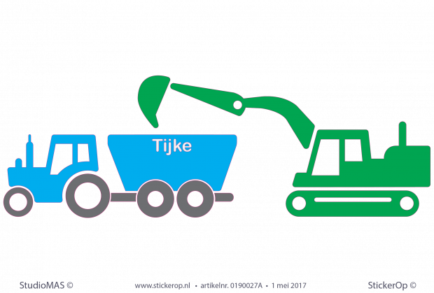 Muurstickers kinderkamer - Tractor en graafmachine in 3 kleuren muursticker kinderkamer set graafmachine met tractor