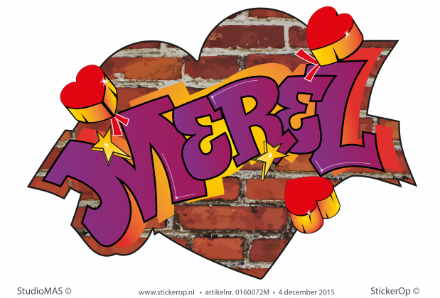 Muurstickers graffiti op verzoek - Merel muursticker graffiti Merel baksteen hart
