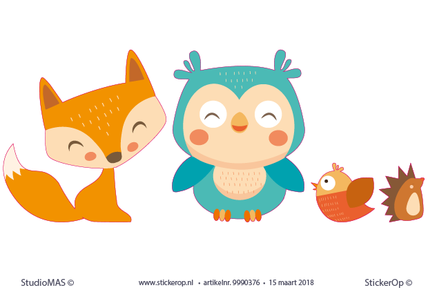 Muurstickers zelf aangeleverd ontwerp - De WitteMuis dieren - Vos en Uil elk 35 cm hoog, Vogel en Egel elk 12 cm hoog Muurstickers eigen ontwerp - De WitteMuis dieren