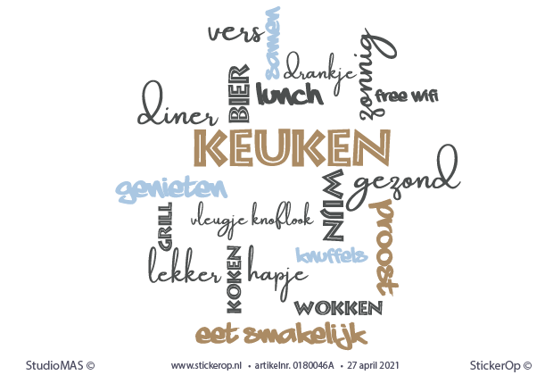Muursticker woordenwolk in drie kleuren - Keuken in 3 kleuren