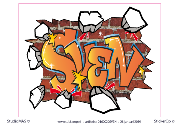 Graffiti gat in muur met brokstukken - SVEN