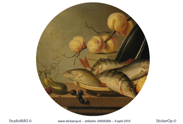 Muurstickers meesterwerken Rijksmuseum - Stilleven met vissen en vruchten - cirkel uitsnede - Harmen Steenwijck met vissen en vruchten-Harmen Steenwijck-cirkel