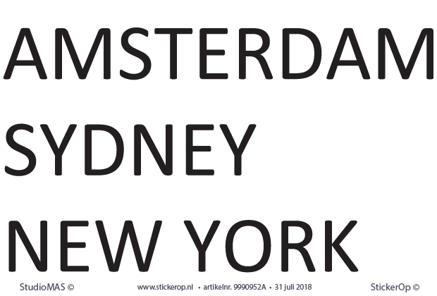 Muurstickers plaatsnamen onder de klok - AMSTERDAM, SYDNEY, NEW YORK - letterhoogte 3,6 cm.
