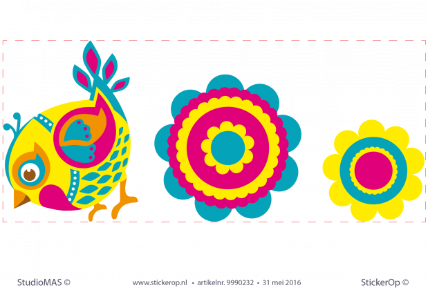 Muursticker van zelf gemaakte tekening - Ilse's vogel met bloemen muursticker eigen tekening Ilses vogelbloemen