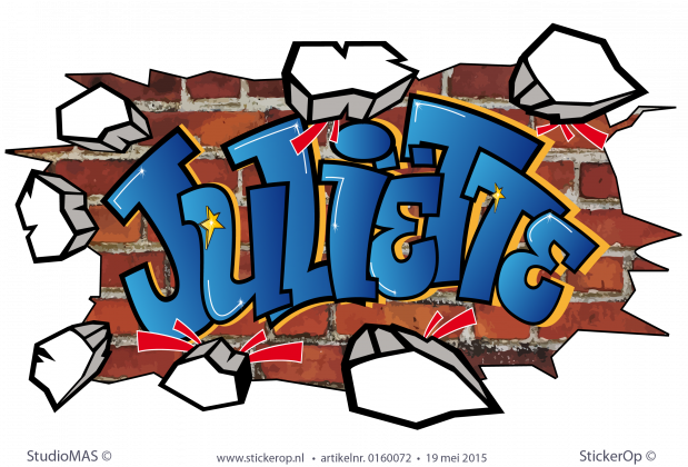 Muursticker graffiti op baksteen muur - Juliëtte muursticker graffiti Julitte baksteen