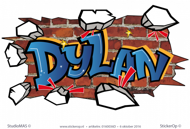 Muursticker kleurige graffiti eigen naam - Dylan muursticker graffiti Dylan