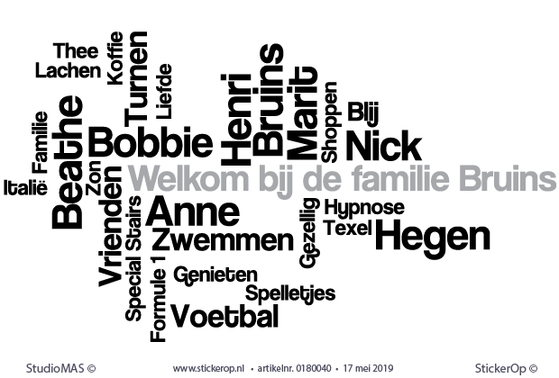 Muursticker woordenwolk familie Bruins Bruins