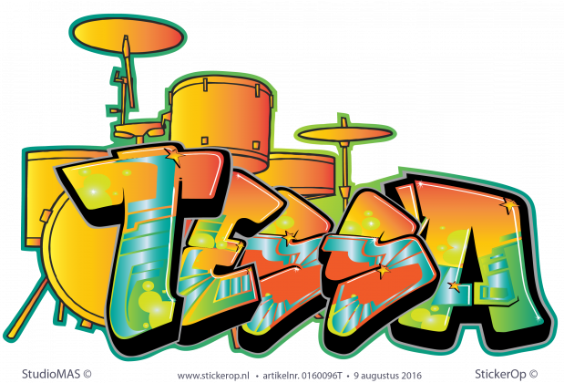 Muursticker graffiti thema muziek - Tessa met drumstel muursticker graffiti thema muziek Tessa