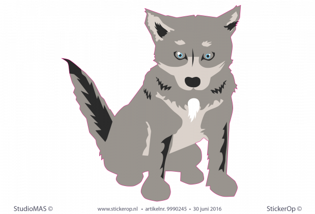 Muursticker van afbeelding geboortekaartje - Reini's wolf Muursticker van eigen tekening Reinis wolf