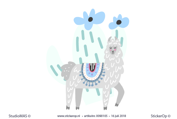 muursticker natuur dieren lama cactus blauw