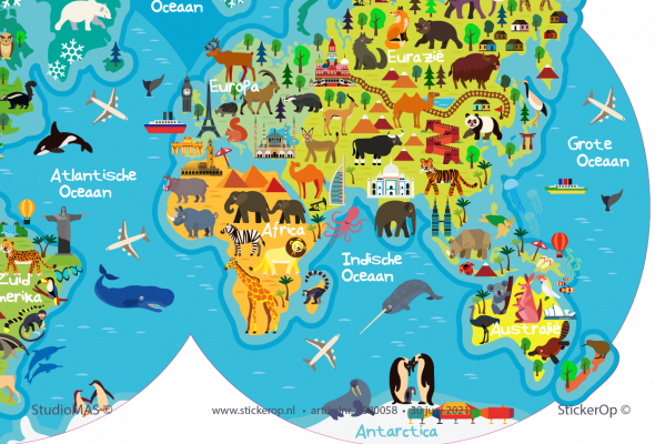 A-muursticker thema de wereld - Wereldkaart met dieren