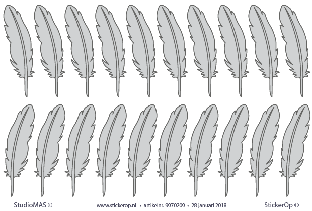 Meyco muurstickers veertjes 3 x 9 cm zwart print op zilver - 20 stuks Muursticker Meyco veertjes