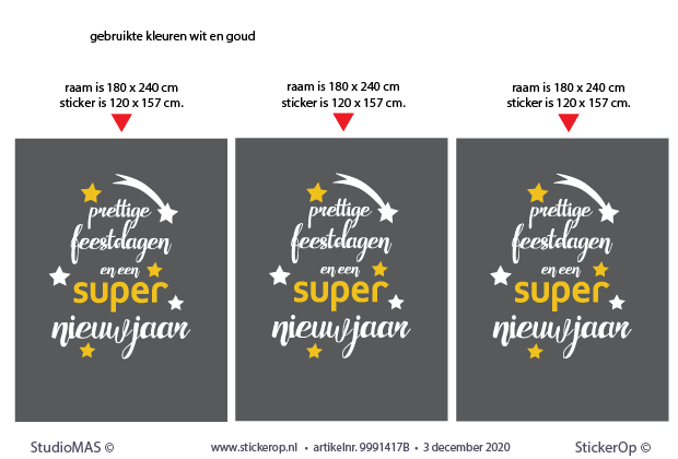 Raamstickers feestdagen 2021 - Super Keukens - 3 stuks 120 x 157 cm bestaande opmaak gesneden uit glans of mat vinyl, wit en goud