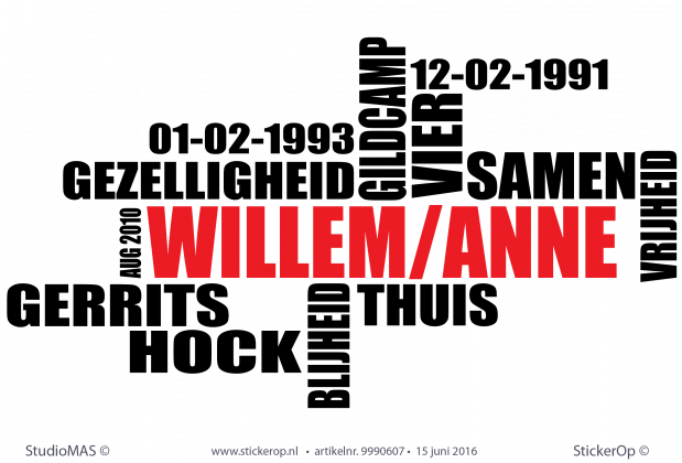 Muursticker persoonlijke woordenwolk - Anne & Willem - Muursticker woordenwolk Anne en Willem