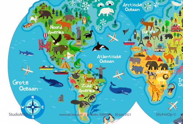 B-muursticker thema de wereld - Wereldkaart met dieren