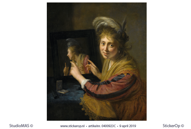 Meisje bij een spiegel - originele uitsnede - Paulus Moreelse bij een spiegel-Paulus Moreelse-origineel
