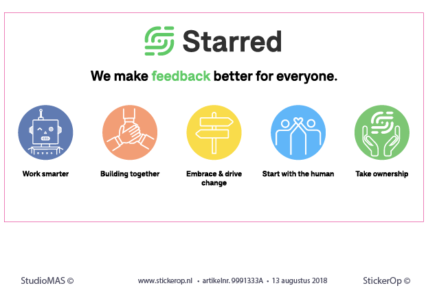 Bedrijfsstickers - Starred's values - op witte achtergrond - Starred Usps