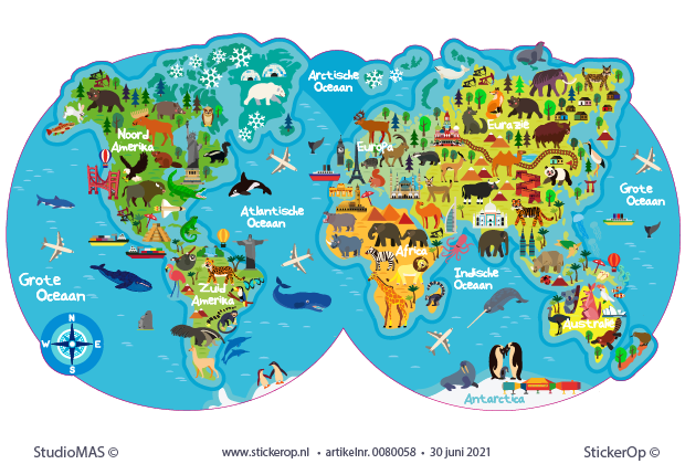 Muursticker wereldkaart dieren kinderkamer thema de wereld - Wereldkaart met dieren