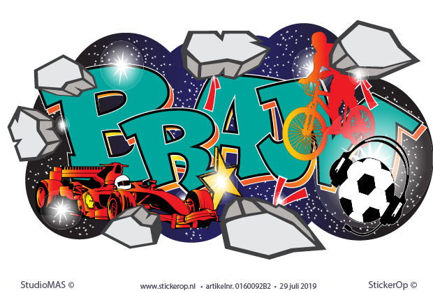 Muursticker graffiti thema Formule 1, voetbal, muziek en MTB - Bram 1