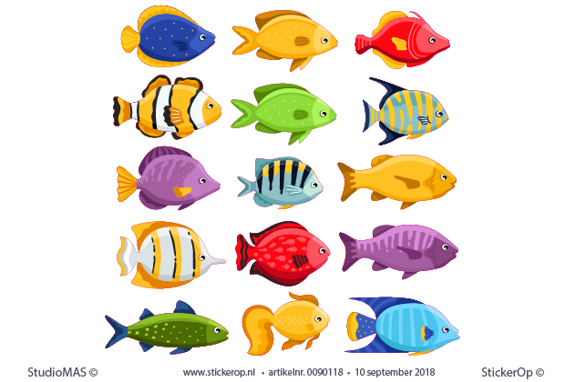 Muurstickers vissen babykamer - 15 stuks van 14 tot 20 cm.
